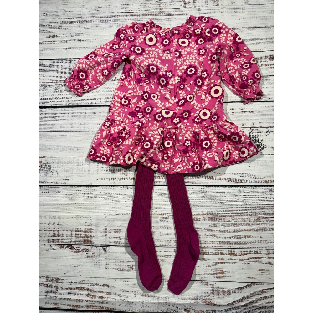 Vintage Old Navy Baby Girl Pink Floral Corduroy Dress and Tights Set 12-18 Month